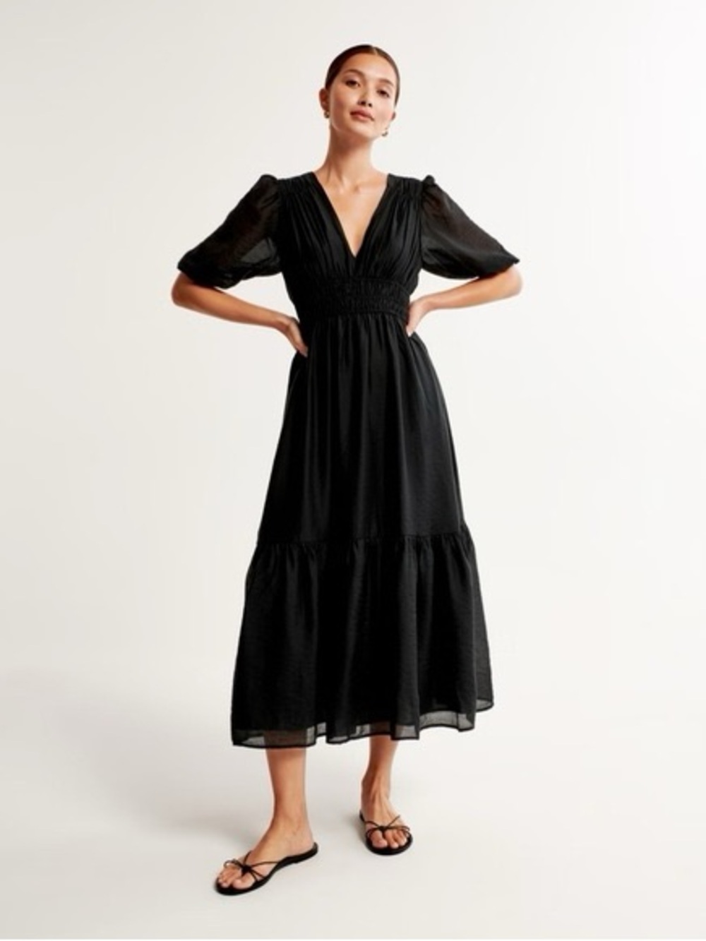 Women’s Abercrombie & Fitch Floaty Plunge Puff Sleeve Maxi Dress Black Small